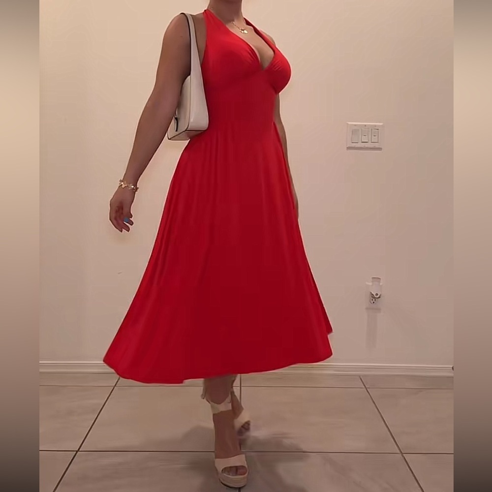 Red V-Neck halter Midi Dress